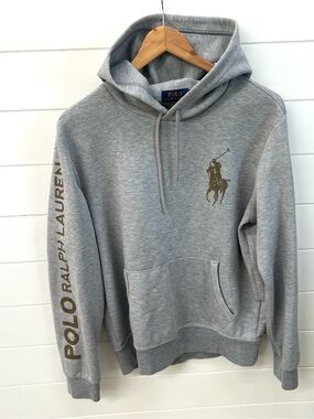 Men’s Polo Ralph Lauren Big Pony Hoodie Grey Gold Sleeve Spellout Size M